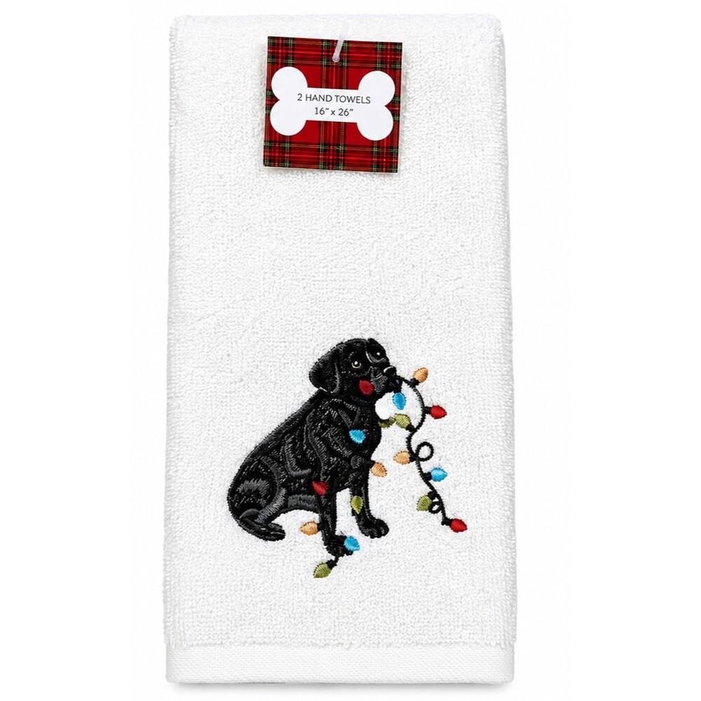 Christmas Hand Towels Set of 2 Black Dog Embroidered Cotton 16x26 Holiday